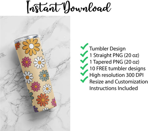 20 oz sublimation/waterslide skinny and taper tumbler wrap-floral daisy retro yellow Sublimation Sharia Morton Designs 