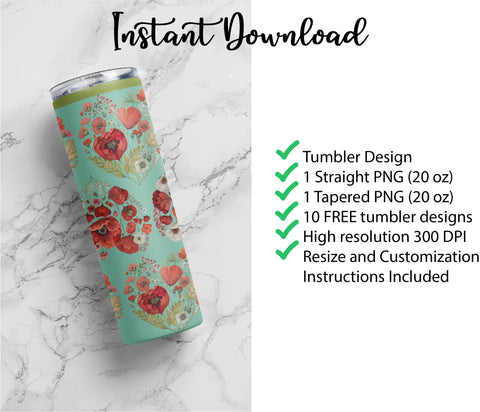 20 oz sublimation/waterslide skinny and taper tumbler wrap-Floral heart poppies Sublimation Sharia Morton Designs 