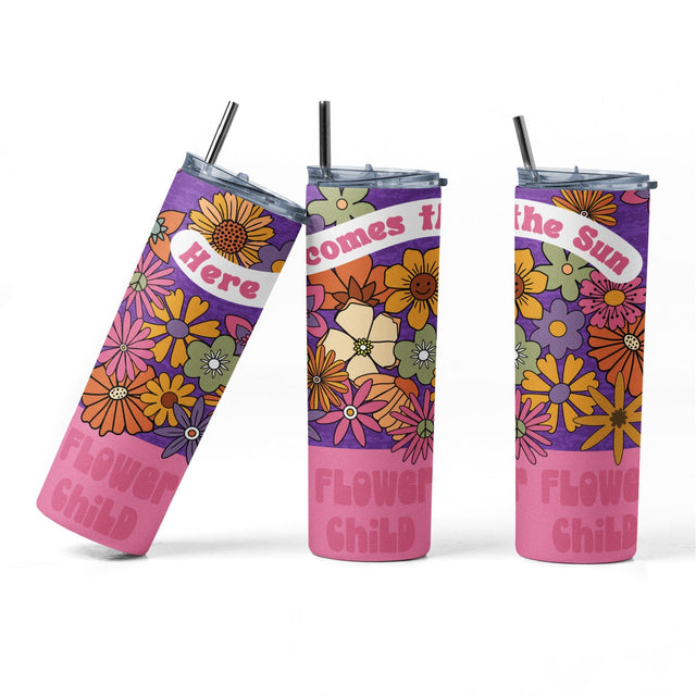 20 oz sublimation/waterslide skinny and taper tumbler wrap-Here comes the sun flower child Sublimation Sharia Morton Designs 