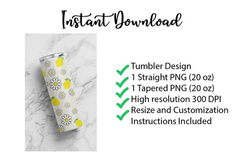 20 oz sublimation/waterslide skinny and taper tumbler wrap-Lemon polka dot Daisy Sublimation Sharia Morton Designs 