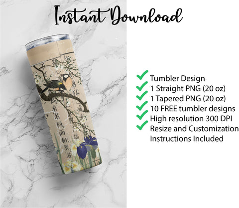 20 oz sublimation/waterslide skinny and taper tumbler wrap-Oriental Iris w birds Sublimation Sharia Morton Designs 