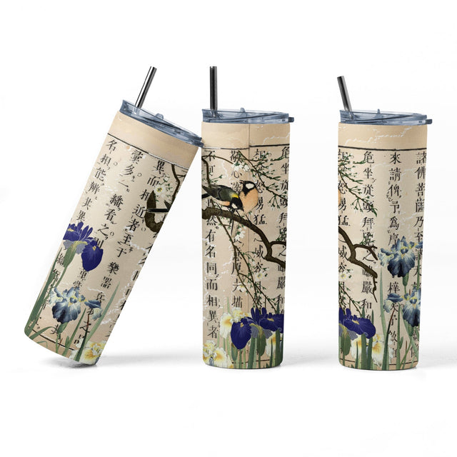 20 oz sublimation/waterslide skinny and taper tumbler wrap-Oriental Iris w birds Sublimation Sharia Morton Designs 
