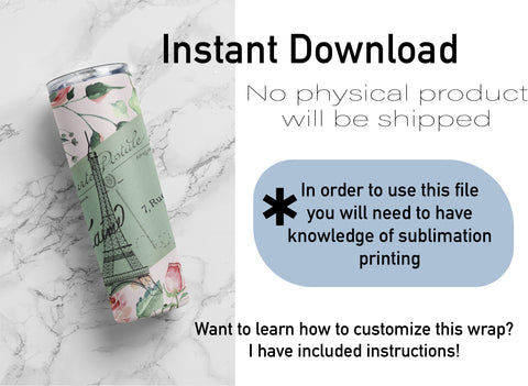 20 oz sublimation/waterslide skinny and taper tumbler wrap-Paris Post card Sublimation Sharia Morton Designs 