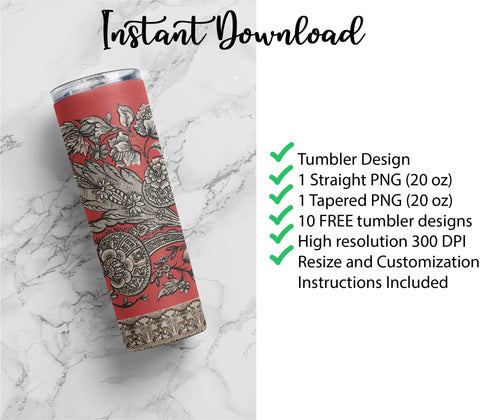 20 oz sublimation/waterslide skinny and taper tumbler wrap-Pen and Ink Red Victorian Sublimation Sharia Morton Designs 
