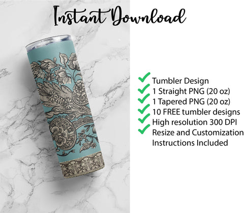 20 oz sublimation/waterslide skinny and taper tumbler wrap-Pen and Ink Turquoise victorian Sublimation Sharia Morton Designs 