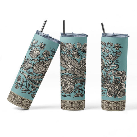 20 oz sublimation/waterslide skinny and taper tumbler wrap-Pen and Ink Turquoise victorian Sublimation Sharia Morton Designs 