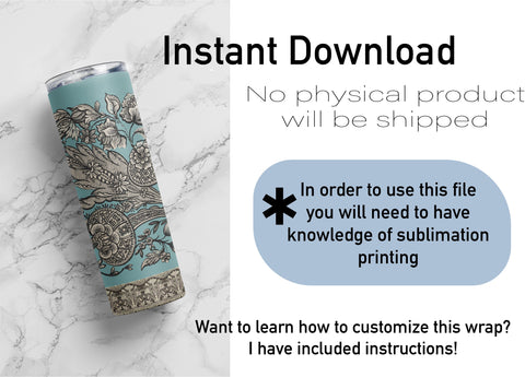 20 oz sublimation/waterslide skinny and taper tumbler wrap-Pen and Ink Turquoise victorian Sublimation Sharia Morton Designs 