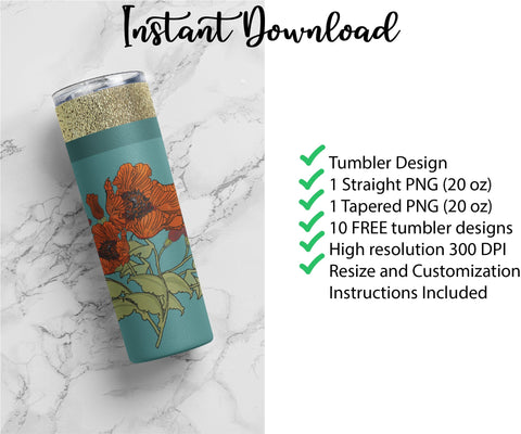 20 oz sublimation/waterslide skinny and taper tumbler wrap-red Poppies w gold stripe Sublimation Sharia Morton Designs 