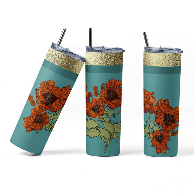20 oz sublimation/waterslide skinny and taper tumbler wrap-red Poppies w gold stripe Sublimation Sharia Morton Designs 