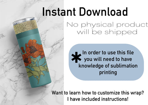 20 oz sublimation/waterslide skinny and taper tumbler wrap-red Poppies w gold stripe Sublimation Sharia Morton Designs 
