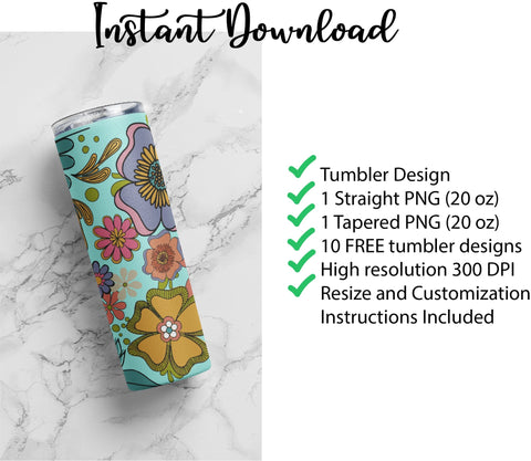 20 oz sublimation/waterslide skinny and taper tumbler wrap - retro flowers Sublimation Sharia Morton Designs 