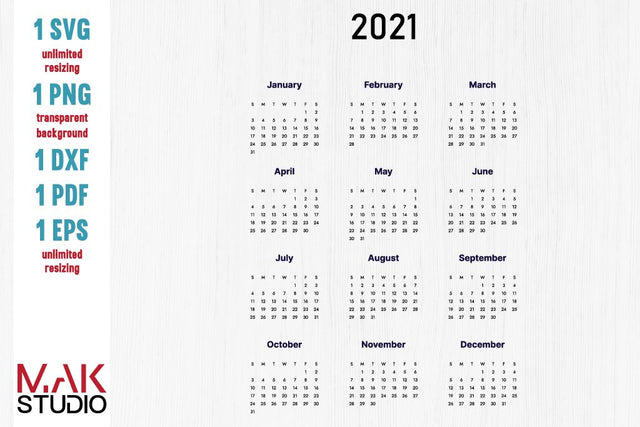 2021 calendar svg, 2021 calendar cut file, 2021 calendar printable, 2021 calendar print SVG MAKStudion 