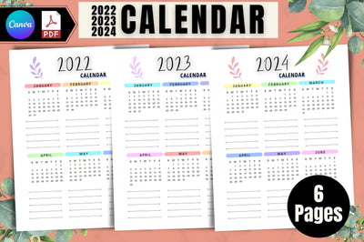 2022, 2023, 2024 Calendar, Agenda Digital Pattern FloridPrintables 