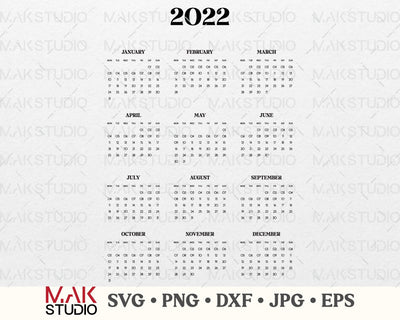 2022 calendar printable, 2022 calendar print, Yearly calendar 2022, Year calendar 12 months 2022 calendar, A4 2022 calendar svg SVG MAKStudion 