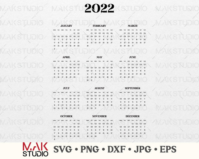 2022 calendar printable, 2022 calendar print, Yearly calendar 2022, Year calendar 12 months 2022 calendar, A4 2022 calendar svg SVG MAKStudion 