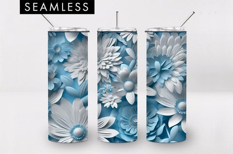 20oz 3D Baby Blue Flowers Skinny Tumbler PNG Sublimation Sublimation Freeling Design House 