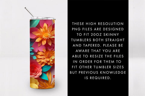 20oz 3D Colorful Flowers Skinny Tumbler PNG Sublimation Sublimation Freeling Design House 