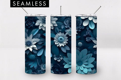 20oz 3D Dark Blue Flowers Skinny Tumbler PNG Sublimation Sublimation Freeling Design House 