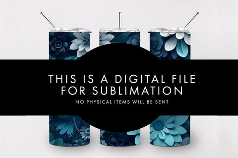20oz 3D Dark Blue Flowers Skinny Tumbler PNG Sublimation Sublimation Freeling Design House 