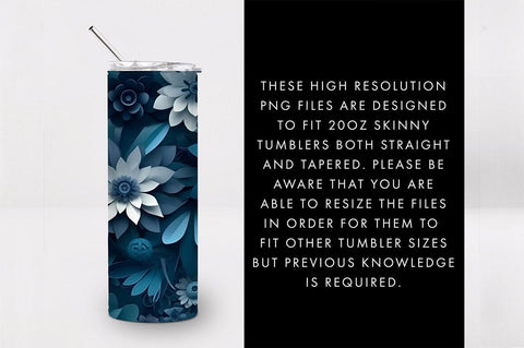20oz 3D Dark Blue Flowers Skinny Tumbler PNG Sublimation Sublimation Freeling Design House 