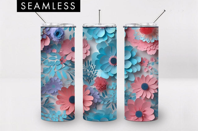20oz 3D Pink And Blue Flower Skinny Tumbler PNG Sublimation Sublimation Freeling Design House 