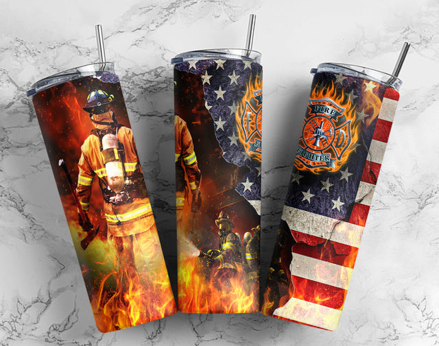20oz Skinny Tumbler American Flag Firefighter, Firefighter Flag,Red Line Flag Tumbler Wrap PNG Sublimation CaldwellArt 