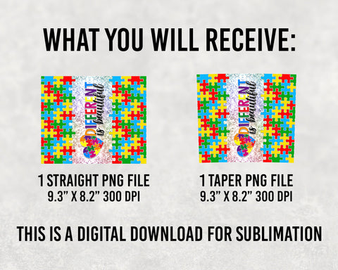 20oz Skinny Tumbler Autism Awareness PNG Sublimation Design, Autism Puzzle Different Is Beautiful Tumbler Png File SVG BOO-design 
