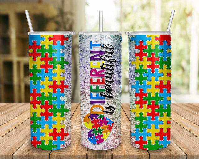 20oz Skinny Tumbler Autism Awareness PNG Sublimation Design, Autism Puzzle Different Is Beautiful Tumbler Png File SVG BOO-design 