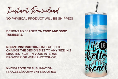 20oz Skinny Tumbler Beach Summer Ocean PNG Sublimation Design Life is Better at the Beach, Sand Glitter Straight/Warped PNG Digital Download Sublimation TumblersByPhill 