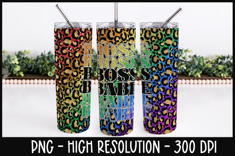 20oz Skinny Tumbler Boss Babe PNG | Rainbow Glitter Leopard Tumbler Design Sublimation B Renee Design 