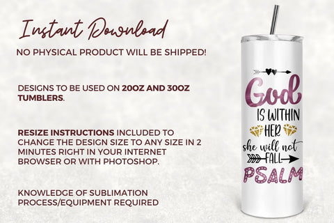 20oz Skinny Tumbler Christian Bible Verse Sublimation Design Templates, God is within her, she will not fall Tumbler Straight/Warped PNG Sublimation TumblersByPhill 