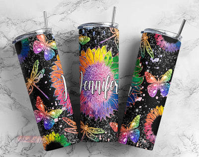 20oz Skinny Tumbler Colorful Sunflower Dragonfly Butterfly PNG Sublimation Designs, Sunflower Glitter Tumbler Wrap Png Instant Download Sublimation CaldwellArt 