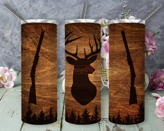 20oz Skinny Tumbler Deer Hunting, Wood Hunting Tumbler Wrap, Deer And Gun Tumbler Png, Deer Sublimation Design, Instant Download Sublimation DesignSVG 