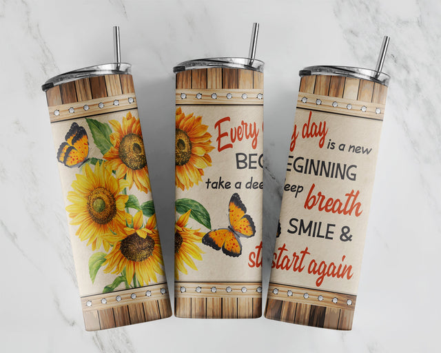 20oz Skinny Tumbler Every Day Is A New Beginning PNG Sublimation Designs, Sunflowers Butterfly Floral Rustic Tumbler Wrap Straight/Warped Sublimation CaldwellArt 