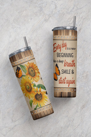 20oz Skinny Tumbler Every Day Is A New Beginning PNG Sublimation Designs, Sunflowers Butterfly Floral Rustic Tumbler Wrap Straight/Warped Sublimation CaldwellArt 