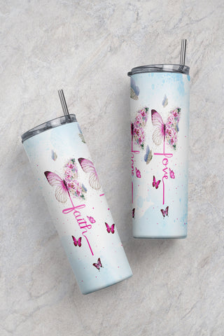 20oz Skinny Tumbler Faith Love Hope Butterfly Blue Rose Floral Templates, Religious PNG Straight/Warped Sublimation CaldwellArt 
