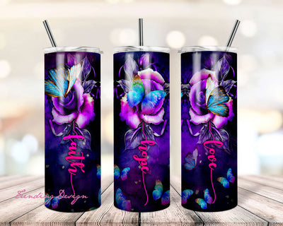 20oz Skinny Tumbler Faith Love Hope Butterfly Rose Floral Sublimation Design Templates, Religious PNG Straight/Warped Digital Sublimation TrendingDesign 