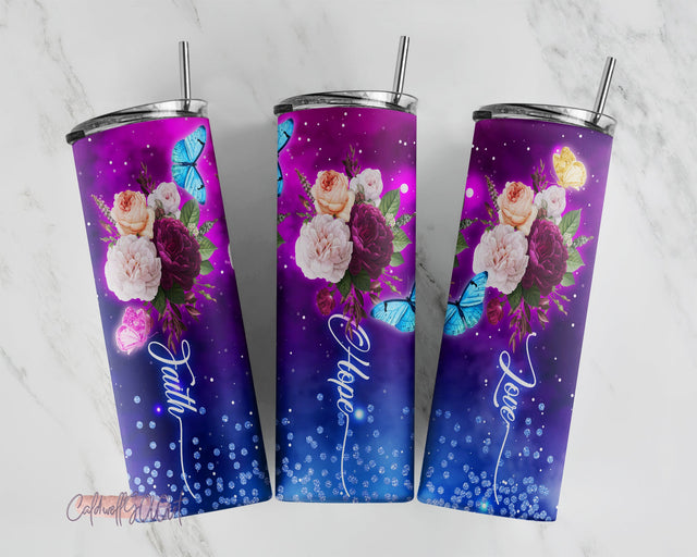 20oz Skinny Tumbler Faith Love Hope Butterfly Rose Floral Sublimation Design Templates, Religious Sublimation CaldwellArt 