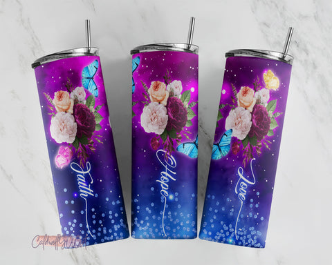 20oz Skinny Tumbler Faith Love Hope Butterfly Rose Floral Sublimation Design Templates, Religious Sublimation CaldwellArt 