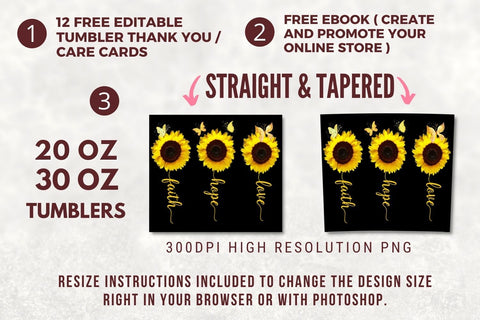 20oz Skinny Tumbler Faith Love Hope Sunflower Floral Sublimation Design Templates, Religious PNG Straight/Warped Digital Download Sublimation TumblersByPhill 