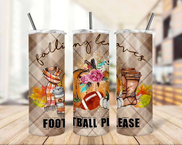 20oz Skinny Tumbler Falling Leaves and Football Please Designs Template Straight football mom sport tumbler design Sublimation TrendingDesign 