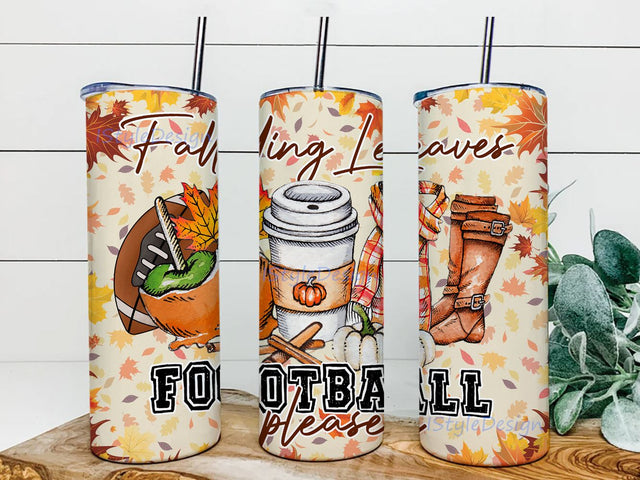 20oz Skinny Tumbler Falling Leaves and Football Please Designs Template Straight PNG File Download Football Mom Sport Tumbler Design Sublimation iStyleDesign 