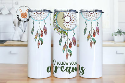 20oz Skinny Tumbler Follow Your Dreams Sublimation Designs, Feather Dreamcatcher Tumbler Straight/Warped PNG Download Sublimation Rabbitmakies 