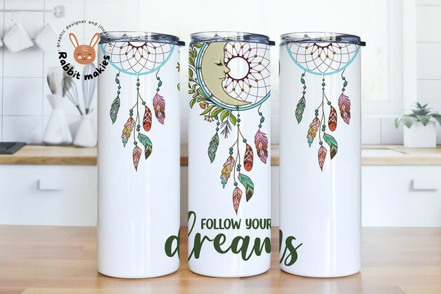20oz Skinny Tumbler Follow Your Dreams Sublimation Designs, Feather Dreamcatcher Tumbler Straight/Warped PNG Download Sublimation Rabbitmakies 