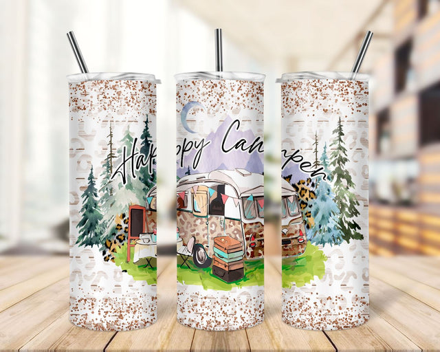 20oz Skinny Tumbler Happy Camper Glitter Sublimation Design, tumbler PNG Sublimation TrendingDesign 