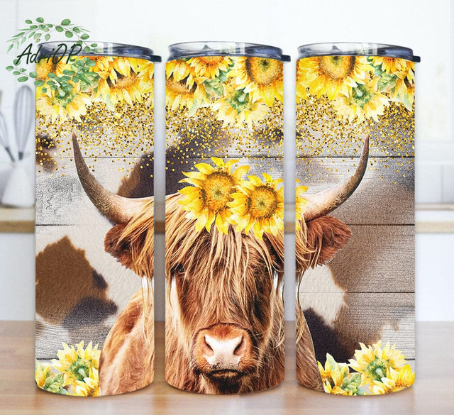 20oz Skinny Tumbler Highland Cow, Highland Cow Sunflower Tumbler Design, Cowhide Tumbler Wrap, Sunflower Skinny Png , Western Cow Sublimation Design, Instant Download Sublimation AdriOP 