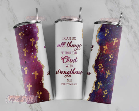 20oz Skinny Tumbler I Can Do All Things Through Christ Sublimation Design, Agate Glitter Tumbler Straight/Warped PNG File Download Sublimation CaldwellArt 