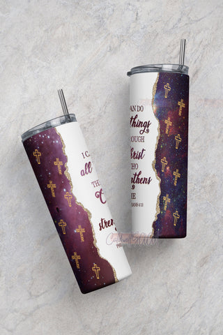 20oz Skinny Tumbler I Can Do All Things Through Christ Sublimation Design, Agate Glitter Tumbler Straight/Warped PNG File Download Sublimation CaldwellArt 