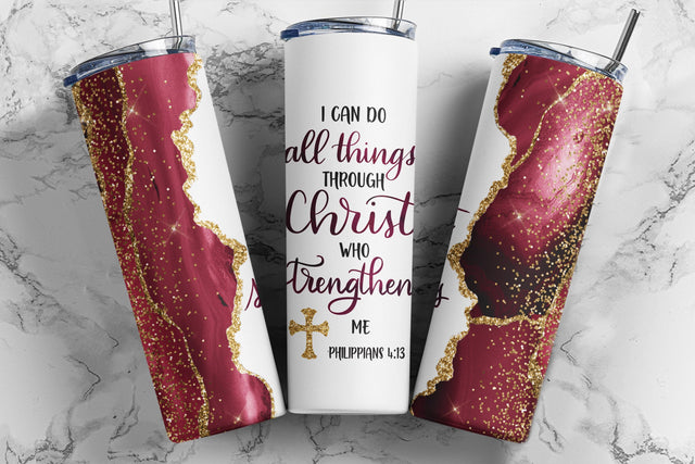 20oz Skinny Tumbler I Can Do All Things Through Christ Sublimation Design, Agate Glitter Tumbler Straight/Warped PNG File Download Sublimation TumblersByPhill 