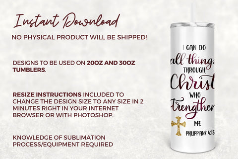 20oz Skinny Tumbler I Can Do All Things Through Christ Sublimation Design, Agate Glitter Tumbler Straight/Warped PNG File Download Sublimation TumblersByPhill 